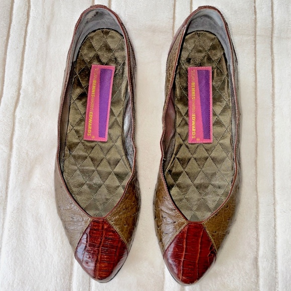 Vintage Italy Flats 7 Susan Bennis Warren Edwards Army Green and Brown Crocodile - Picture 1 of 6